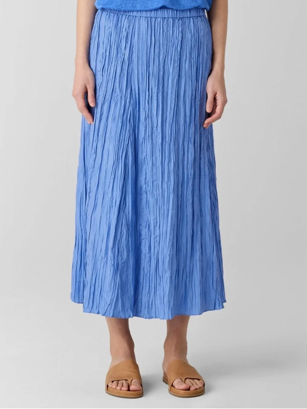 EILEEN FISHER Crushed Silk Pleated A-Line Maxi Skirt XS Ultramarine Blue NWT